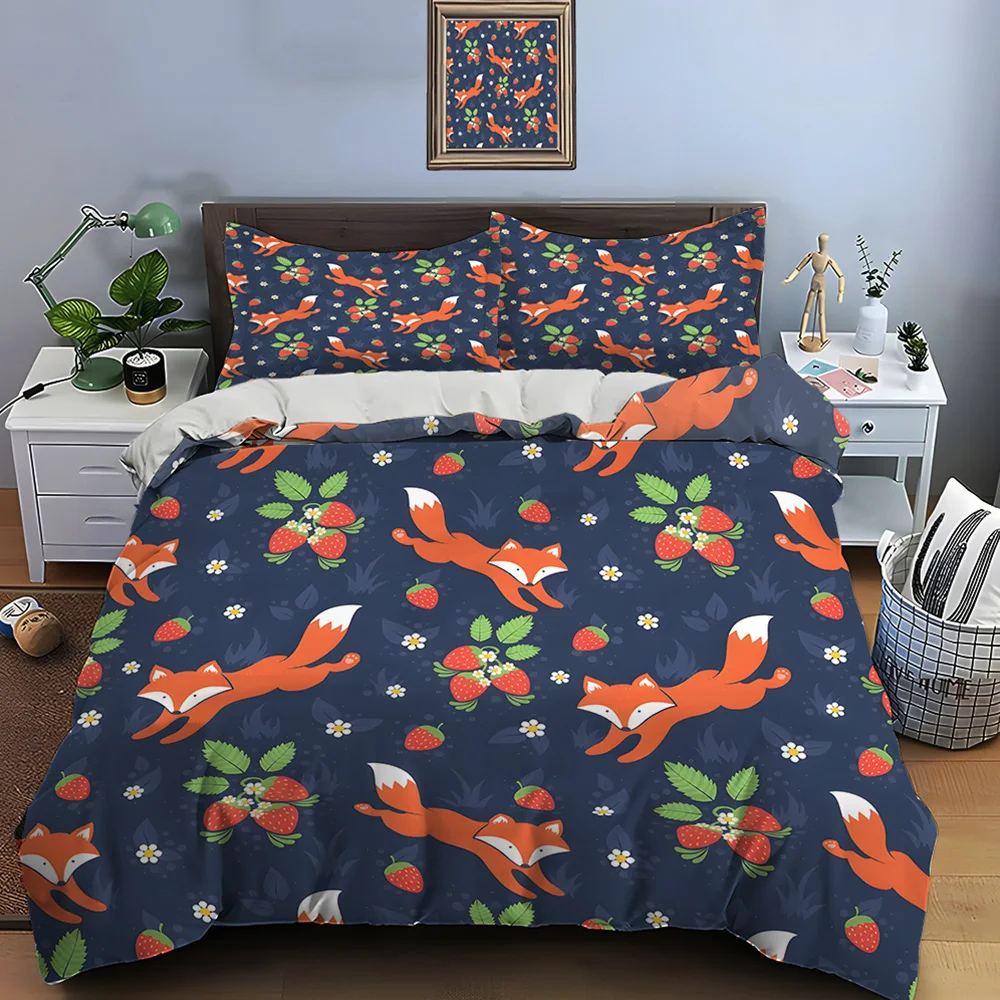 Jumping foxes with strawberry print Bedding Set for Kids Luxury Gift 3pc Digital Print Comforter Set Soft Comfortable Breathable