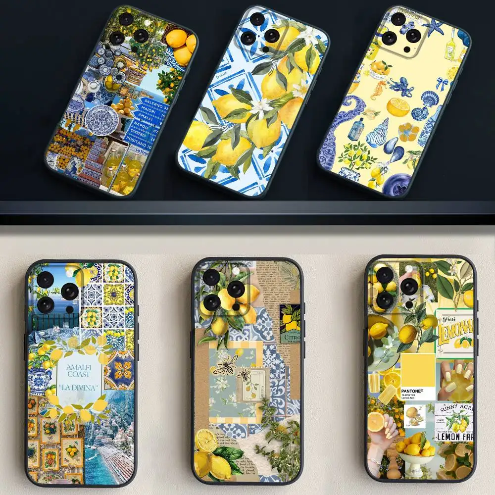 

European Amalfi Coast Lemon Phone Case For iPhone17,16,15,14,13,12,11 Plus,Pro Max,XS,X,XR,SE,Mini,8,7,Soft Silicone Black Cover