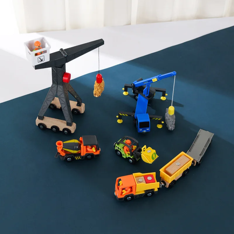Juego de vía de tren de madera, coche magnético, grúa de juguete, trabajos de rescate, juguetes educativos para niños, carril de madera