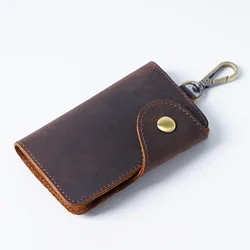 GENODERN Handmade Top Layer Cowhide Key Purse Business Men Key Holder Retro Card Holder Portable Large Capacity Keychain