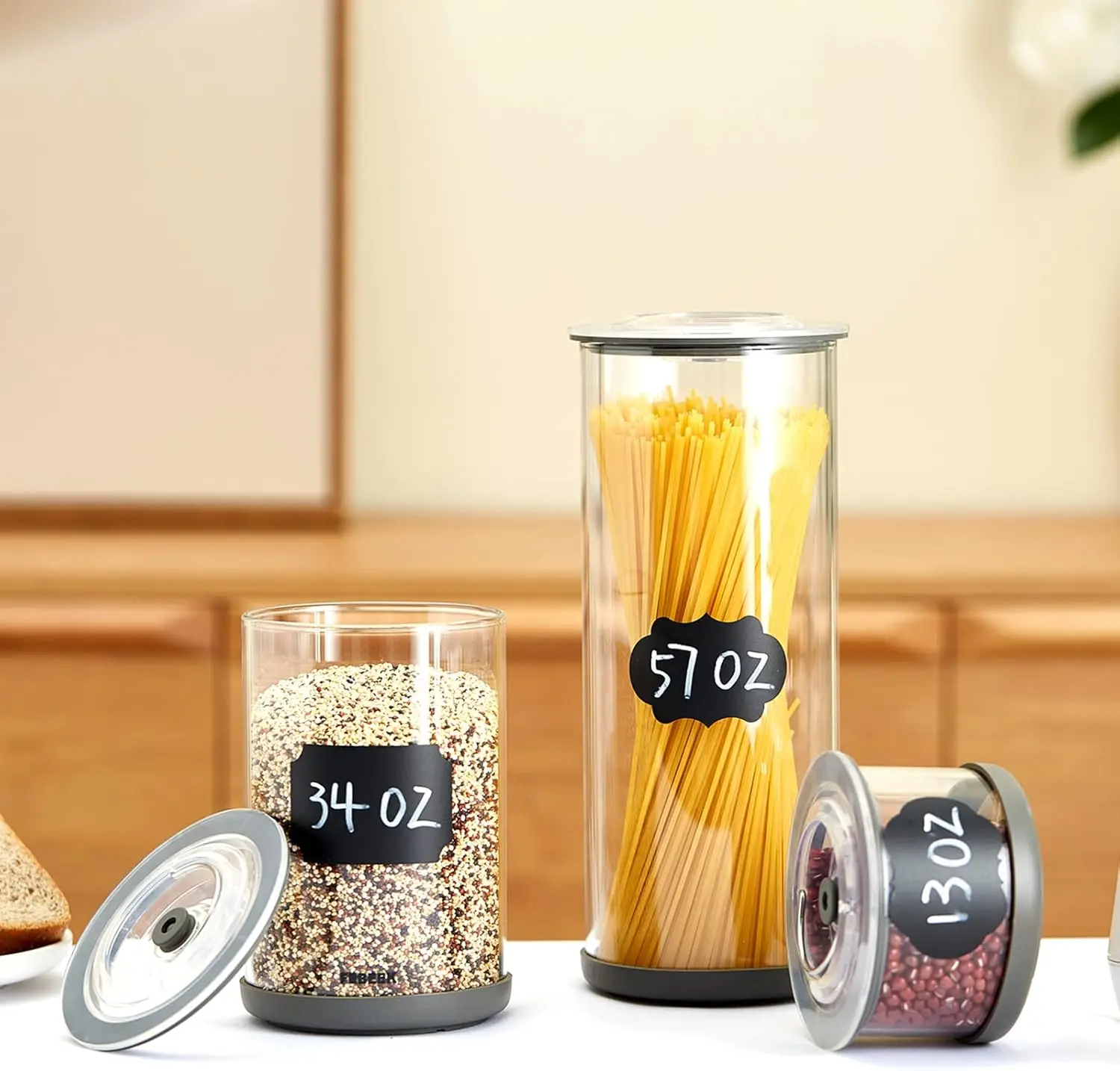 Vacuum-able Glass Food  Jars set with Airtight Lid, 4 Pack Clear Glass Kitchen Canisters Set with Base & Manul  for Keep Foo