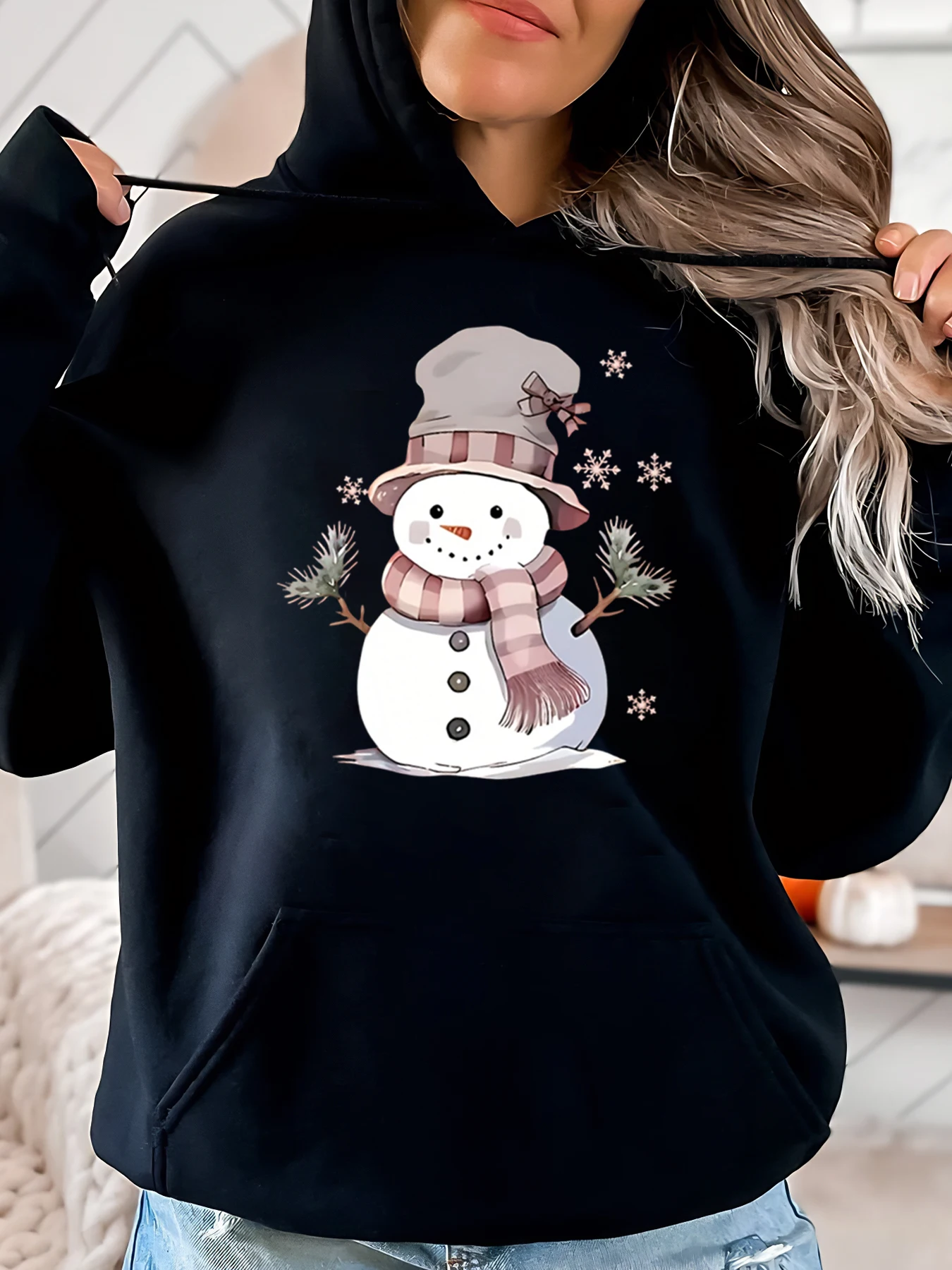 

Snowman Print Christmas Hoodie Women Casual Winter Outfit Black Plus-Size