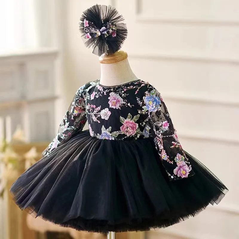 Black Mesh Sequin Princess Dress for Girls European And American Children's Fashion Design Daily Performance Costume