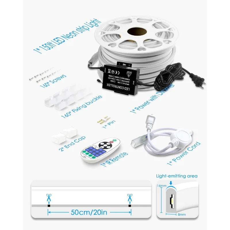 45 متر في الهواء الطلق النيون LED حبل أضواء مقاوم للماء 150ft التيار المتناوب 110 فولت ~ 130 فولت الباردة الأبيض النيون LED مرنة حبل ضوء مع وحدة تحكم عكس الضوء