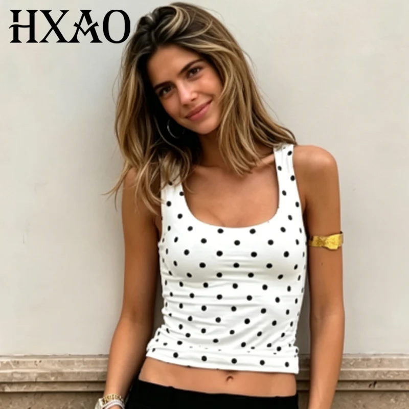 HXAO Top Cropped Feminino de Bolinhas Verão 2026 Chique Boêmio Corset Regata Sem Mangas Sexy Decote U Ajuste Fino Camiseta Streetwear