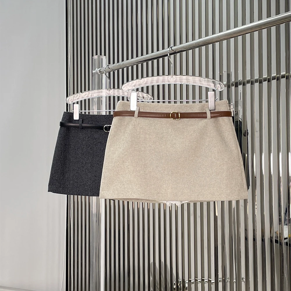 Wool-Blend Tweed Side-Zip Women's Skirt Elegant Commuter High-Waisted Mini Skirt with Belt Spring 2026 New Arrival Y2K Style