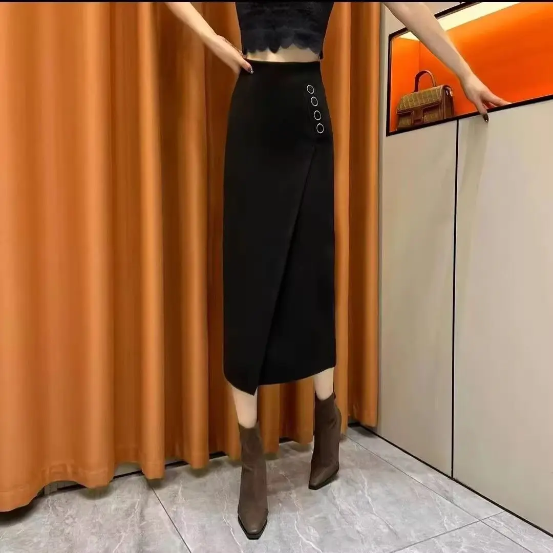 2026 Women Split Tweed Skirts Autumn and Winter New Slim Package Hip Skirts Female  Long High Waist One-step Skirt U476