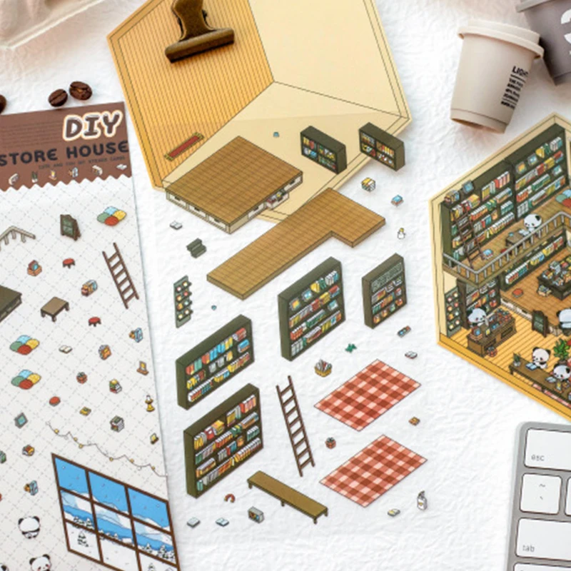 1Set Creatieve Miniatuur Supermarkt Boekhandel Sticker DIY Leuke 3D Visuele Stapelen Sticker Cartoon Miniatuur Scène 3D Stickers