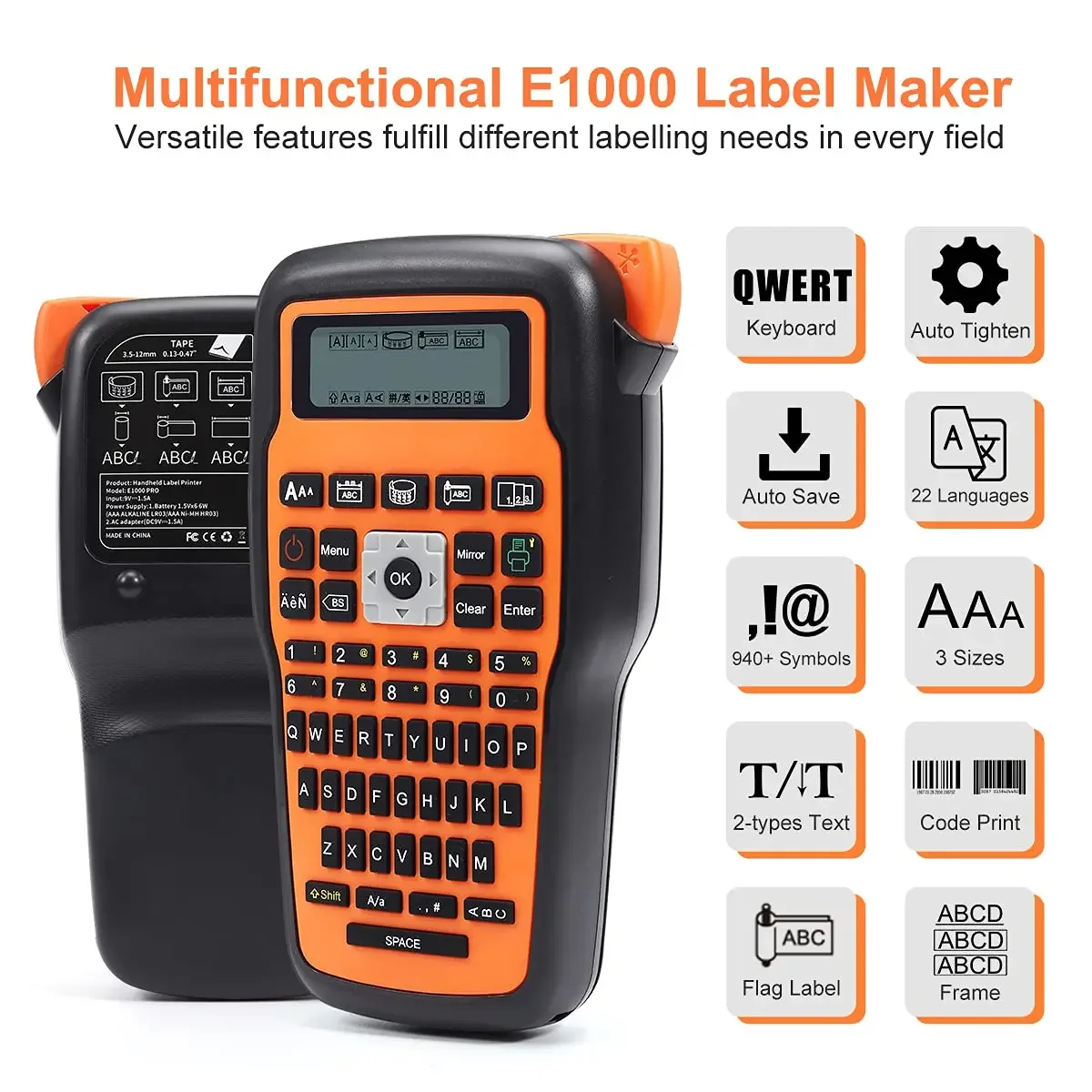 E1000 Pro Label Machine Industrial Label Maker, Labeller for Industrial Labeling Jobs, Compatible for Brother TZe-231 Label Tape