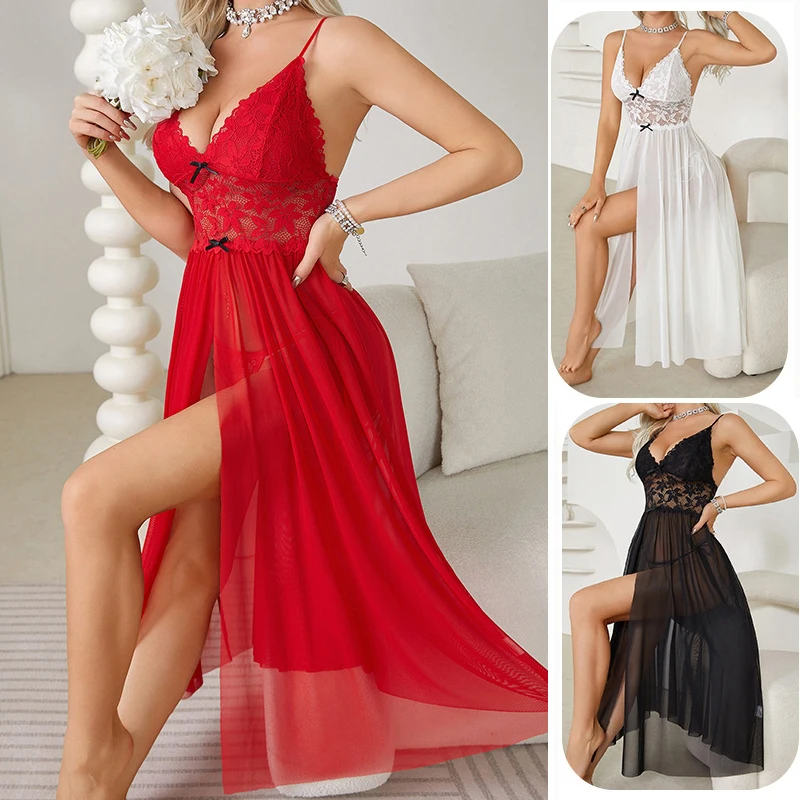 

Женская сексуальная ночная сорочка из кружевной сетки с цветочным узором, V-образным вырезом, без рукавов, с высоким разрезом, открытой спиной, на бретельках с бантом, пеньюар, белье для сна