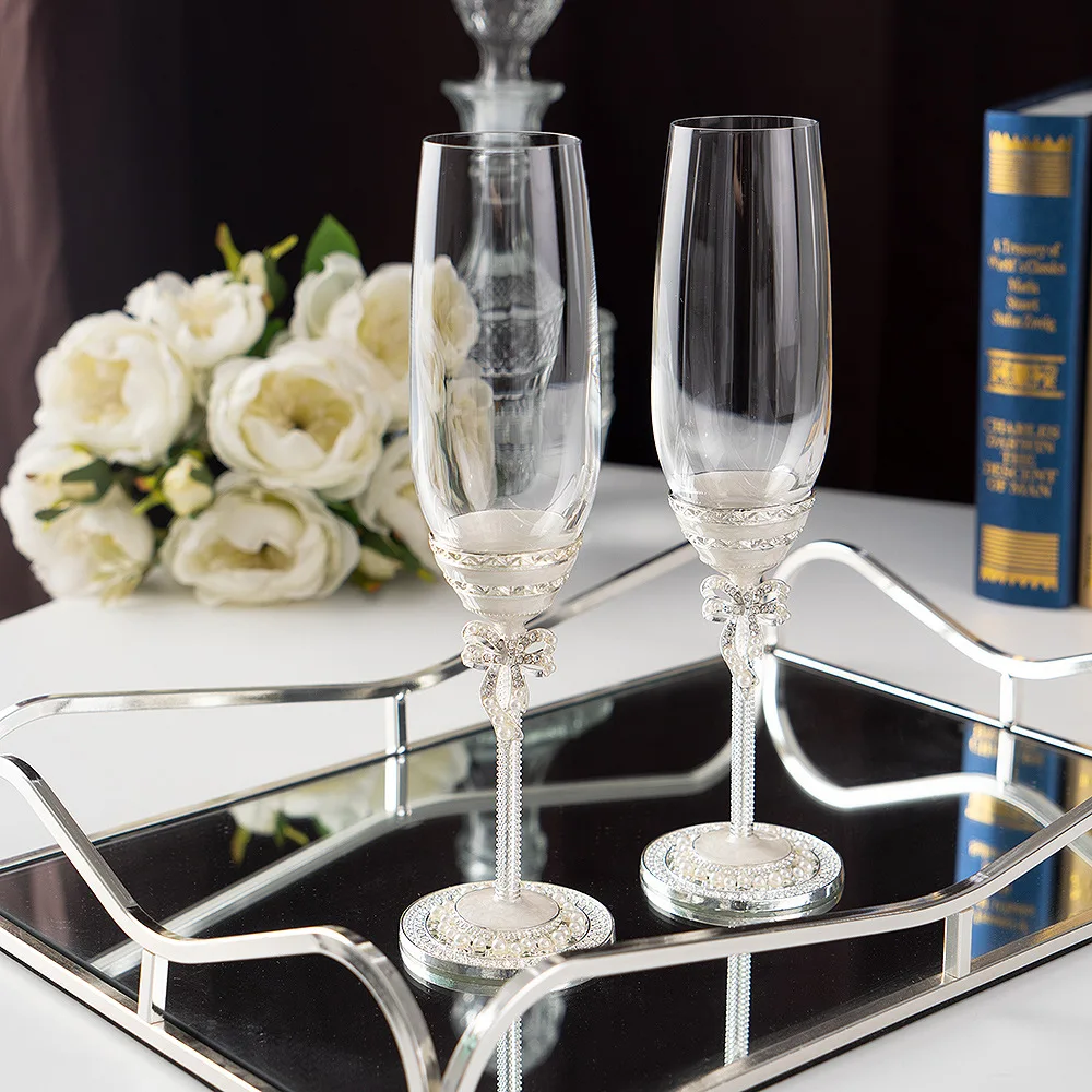2PCS French Romantic Crystal Champagne Flutes Wedding Enamel Pearl Bubble Cocktail Glass Bar Restaurant Party Gift Box