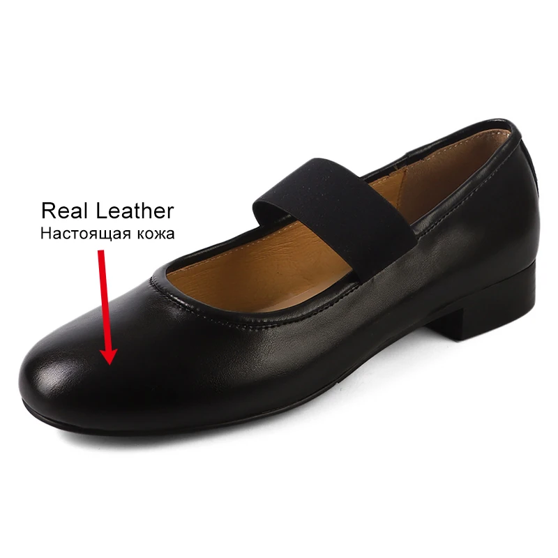 JOZHAMTA Women Casual Ballet Flats Shoes Genuine Leather Thick Mid Heels Shoes Elastic Vintage Office Lady Daily Size 34-40