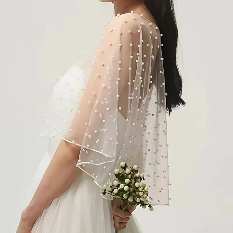 Pearl Beaded Tulle Wedding Shawl Sheer Bridal Wrap Short Front Long Back Dress Decor
