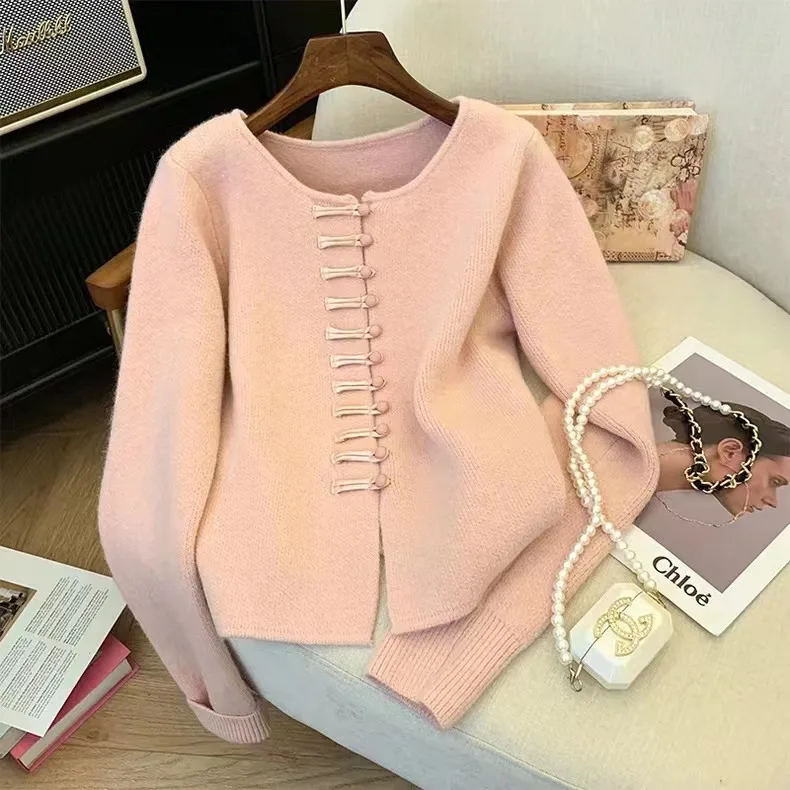 Cárdigan con botones de rana de estilo chino para mujer, suéter de punto suave, chaqueta, versátil y perezosa, otoño 2025