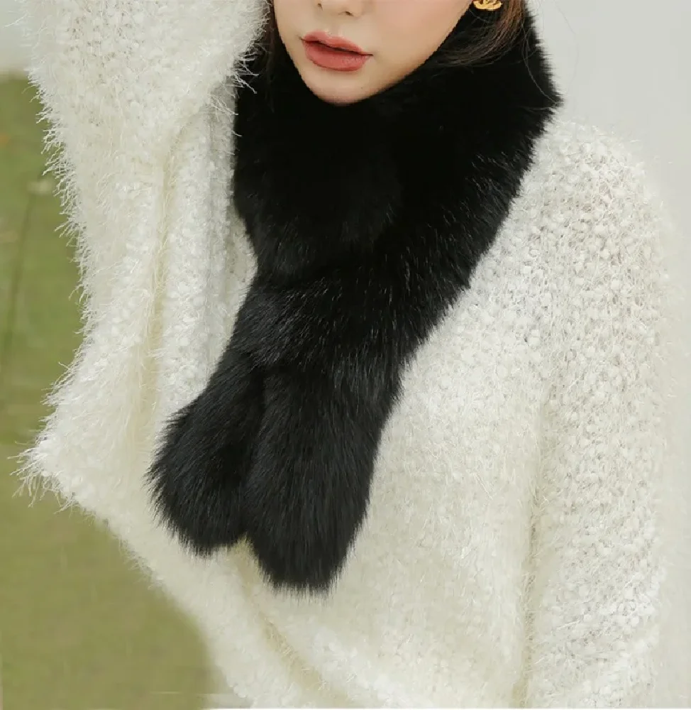 

Women Real Fox Fur Scarf Collar Neckerchief Winter Warm Shawl Wraps Muffler Black