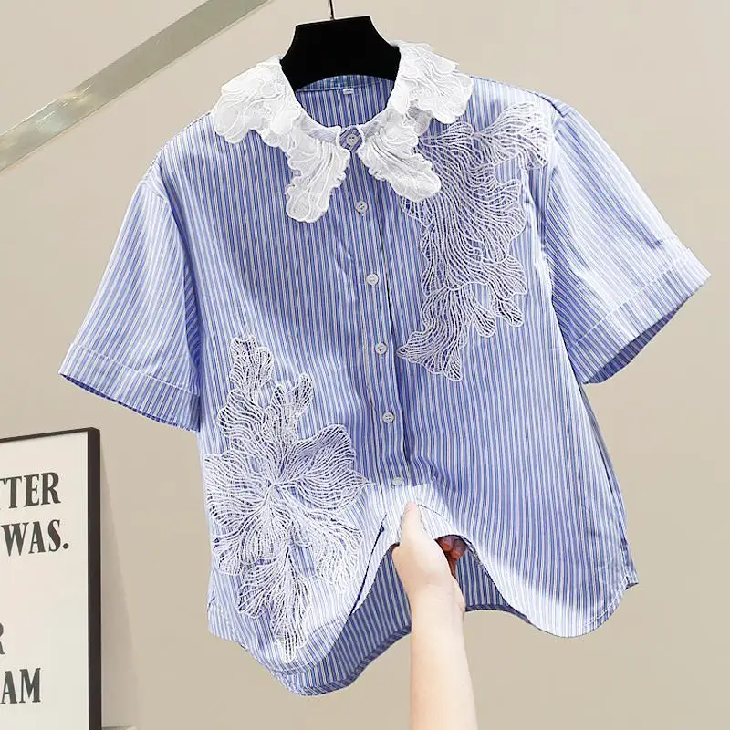 

Faionable Korean Sle Lace Trimmed ort Sve irt Turn-down Collar Striped Design Women's Trendy Top Casual Commute Sle