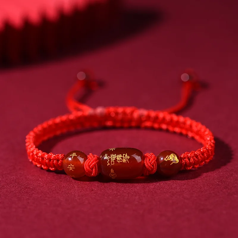 Pure Natural Authentic Red Agate Red String Braided Twelve Zodiac Guardian Deity Bracelet for The Zodiac Year Red String