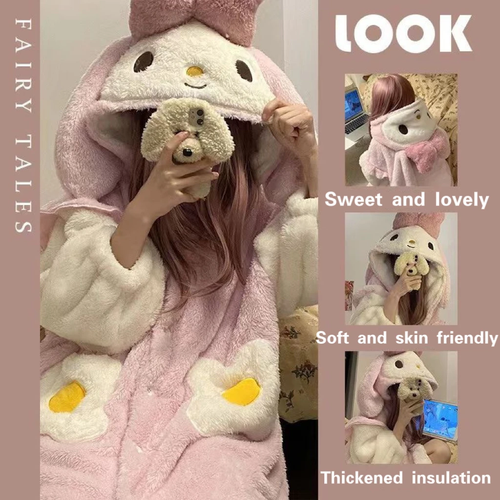 Autumn and winter new cute rabbit hooded pajamas coral velvet fun cartoon women\'s pajamas set thickened robe nightgown