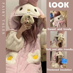 Autumn and winter new cute rabbit hooded pajamas coral velvet fun cartoon women's pajamas set thickened robe nightgown