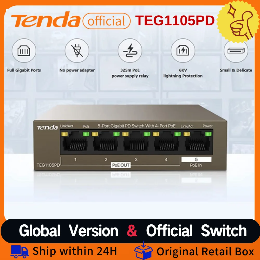 Tenda-conmutador POE de 5 puertos, conmutador de red Gigabit, funciona con cámara de vigilancia IP, interruptor inteligente Ethernet Gigabit Poe 1000mbps