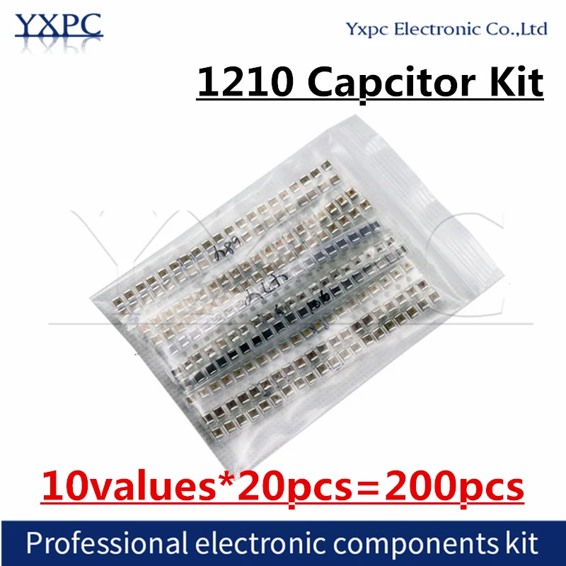 10values*20pcs=200pcs 1210 SMD Capacitor assorted kit 100nF~100uF0.1uf 0.47uf 0.68uf 1uf 2.2uf 4.7uf 10uf 22uf 47uf 100uf diy