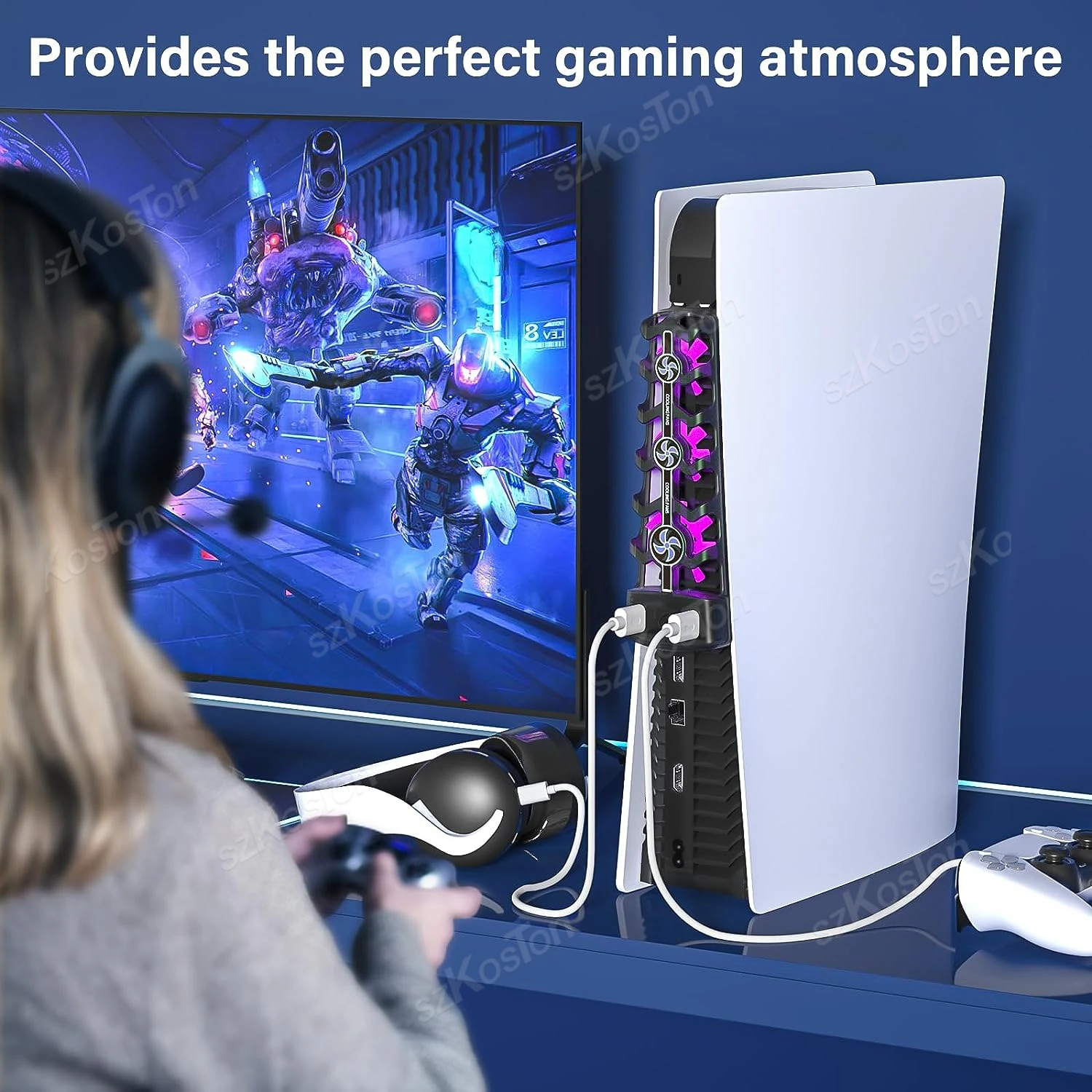 RGB Light Cooling Fan for PS5 Accessories Quiet Fan Cooling System for PlayStation 5 Game Console Disc and Digital Edition