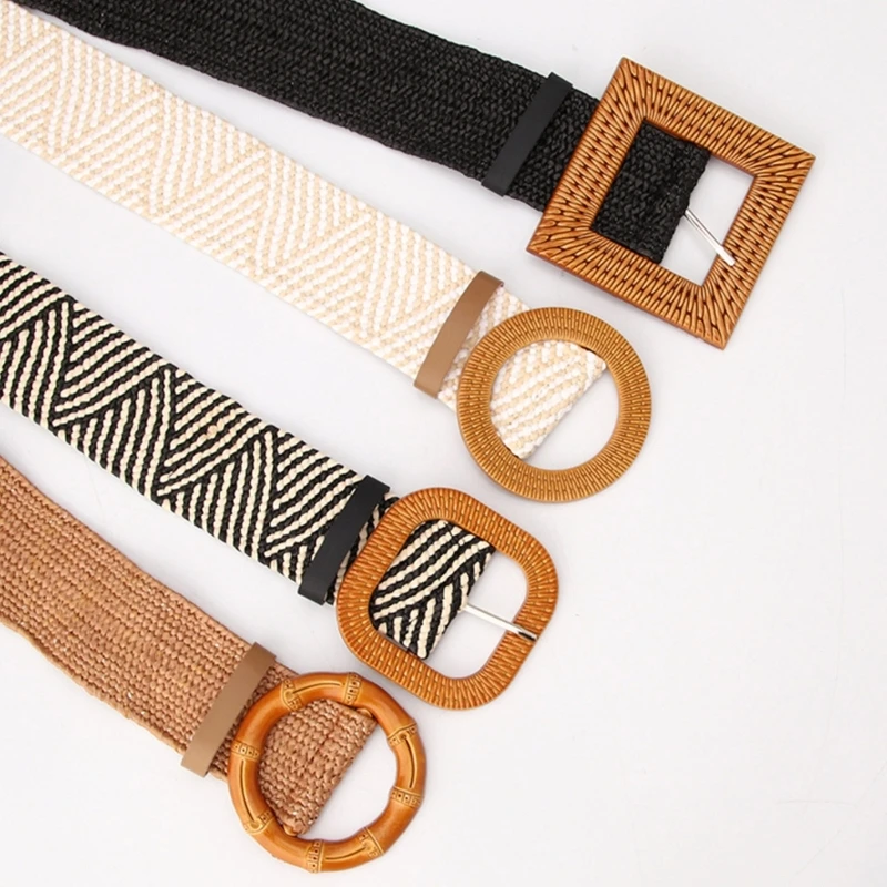 Adjustable Buckle Waist Belt Women Elastic Weaving Belt Wide Waistband for Woman Girls Colorful Straw Vintage Waist Belt