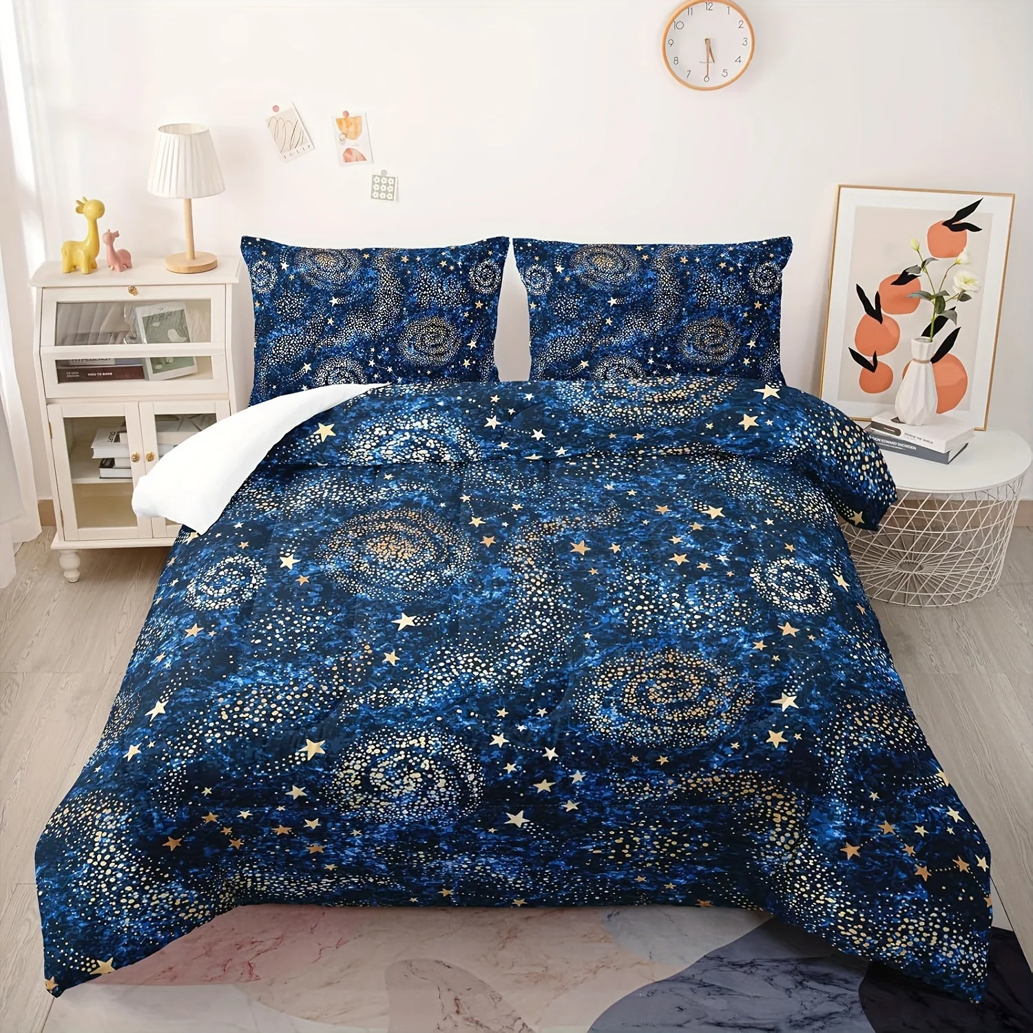 Starry Sky Comforter Set - Soft Blue Interstellar Printed Quilted Bedding With 1 Comforter And 2 Pillow Cases, Golden Stars Patt