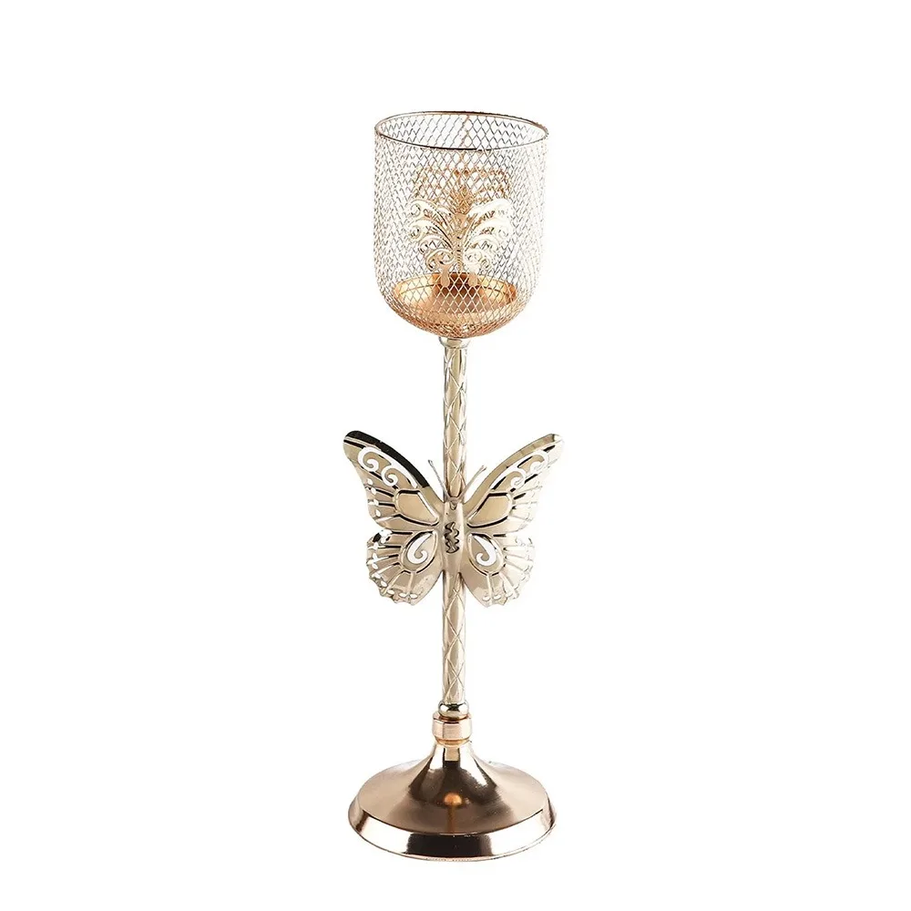 

Iron Art Metal Butterfly Candle Holder Non-slip Hollow Out Roman Column Candlestick Ornaments Flat Bottom