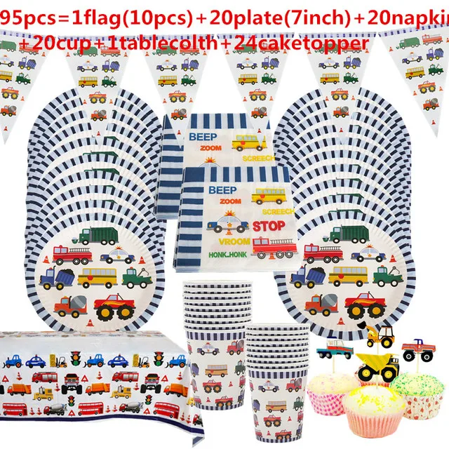 Engineering Car Party Decorations Construction Transport Vehicle Disposable Tableware Set Excavator Balloon Kids Birthday Favors