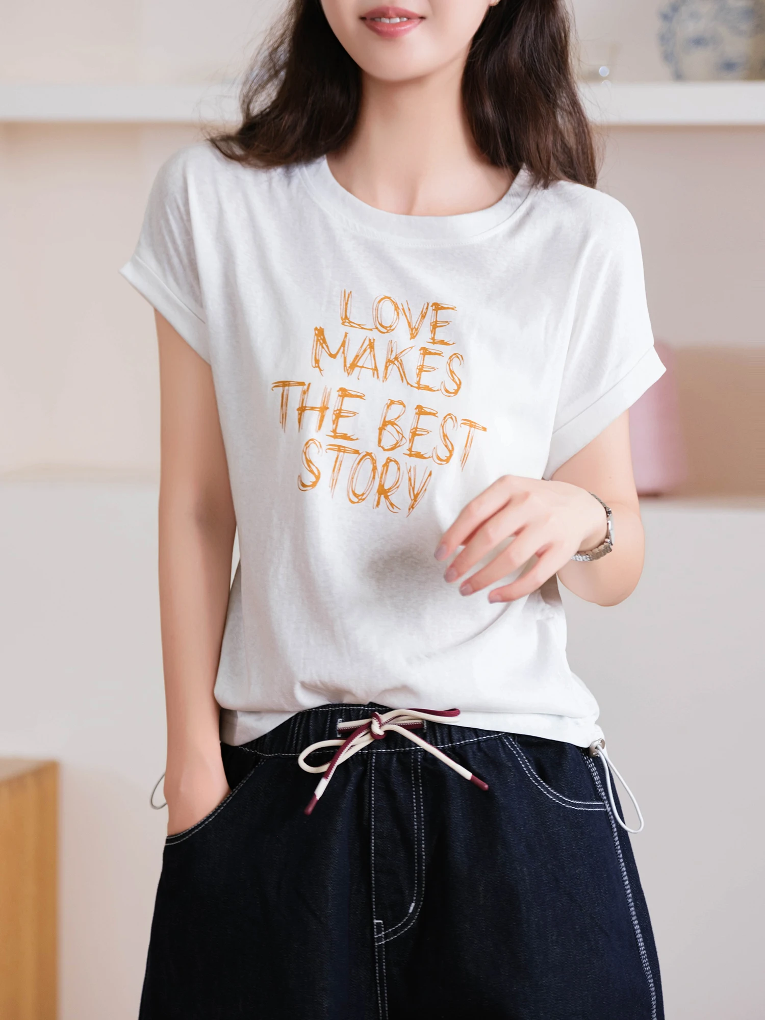 Loose Cotton T-Shirt with Drawstring Waistband Hand-Painted Snowflake Print Flared Cuffs Casual Summer Top for Women