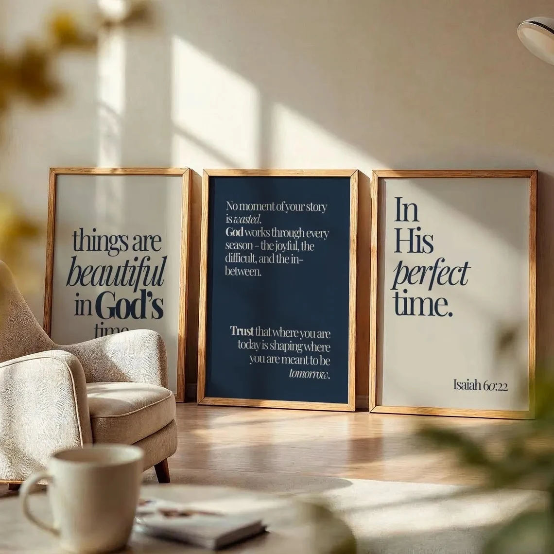 3pcs Minimalist  Navy Christian Bible Verse Trio Wall Art Print Canvas Painting Poster Picture For Living Room Home Decor