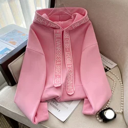 Women Pink Hooded Sweatshirt Letter Drawstring Korean Fashion Vintage Baggy 2023 NEW Winter Long Sleeves Green Pullover Tops