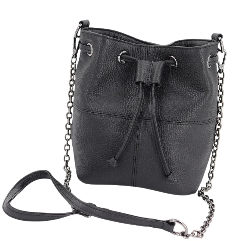 Women Bucket Bag Genuine Leather Ladies Chain Shoulder Bag Female drawstring Small Mini Girl\'s Summer Messenger Crossbody Bags