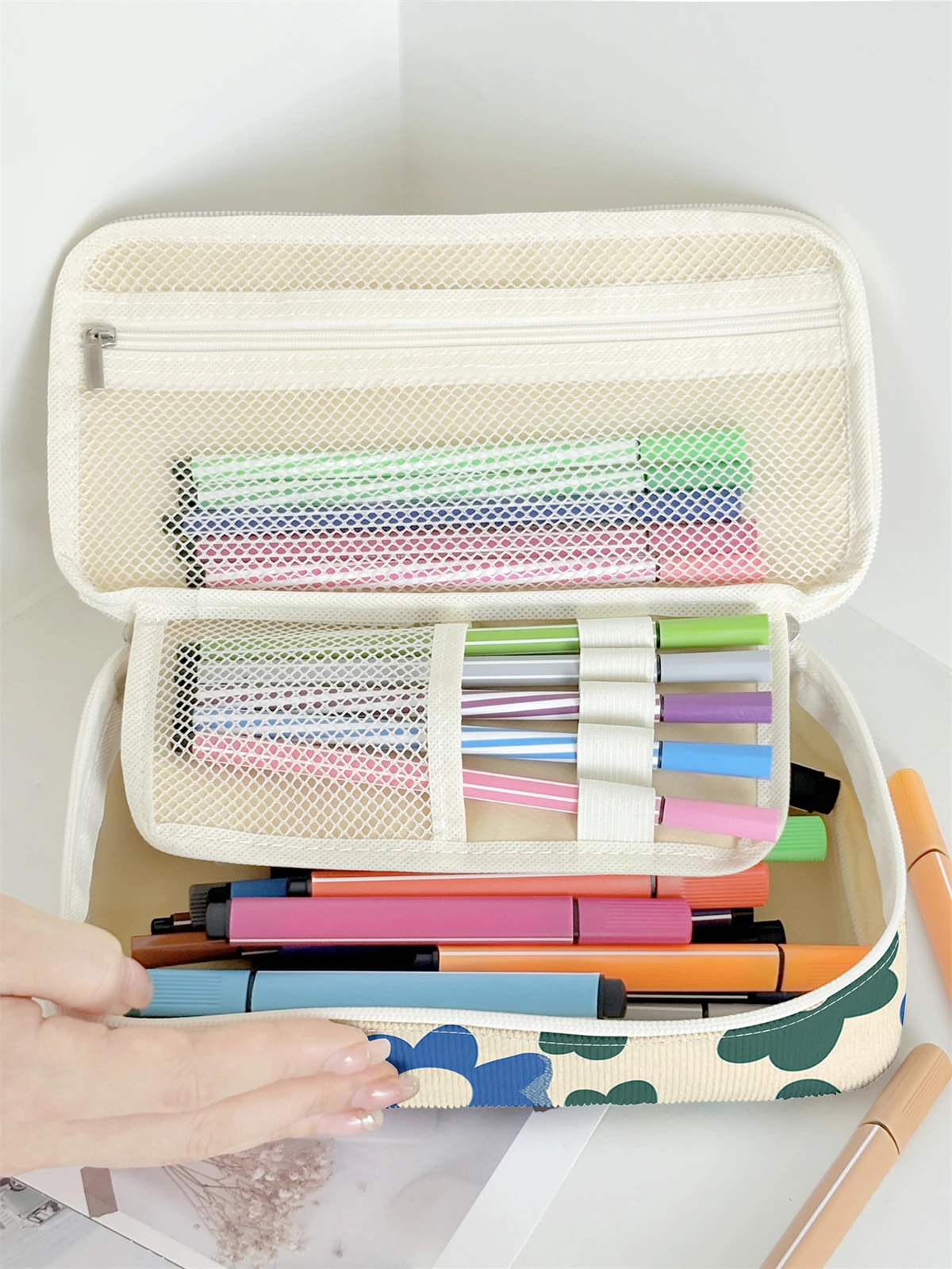 مقلمة ذات سعة كبيرة مطبوعة بنمط الزهور، حقيبة تخزين متينة متعددة الوظائف، صندوق تخزين محمول بسحاب #3