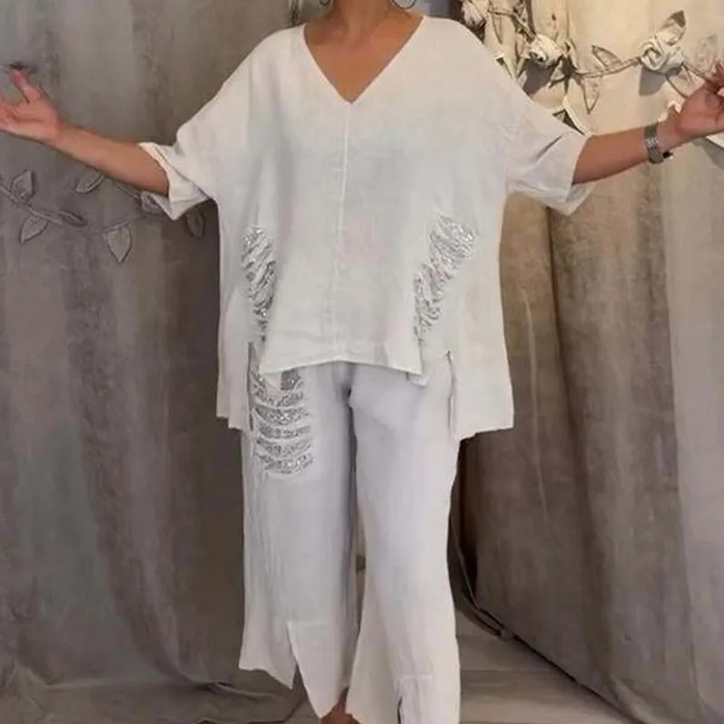

Женский Повседневный однотонный костюм из хлопка и льна, весенний топ с V-образным вырезом, блестками и брюки с карманами, наряд, летние свободные женские комплекты с коротким рукавом