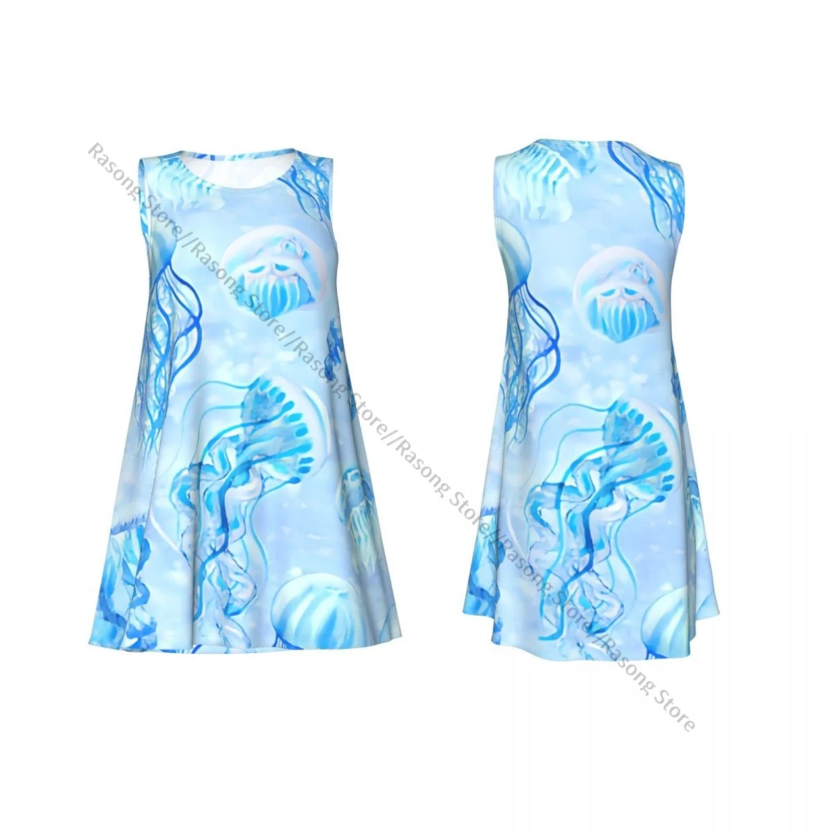 فستان نسائي صيفي كاجوال فساتين تي شيرت لتغطية الشاطئ فستان بدون أكمام بطباعة قنديل البحر