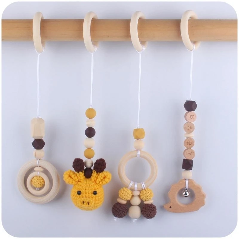 Baby Beech Hanging Pendants 4pcs/set Knitting for Doll Ring Teether Teething Nursing Rattle Toy for Stroller Gym Newborn 15UB