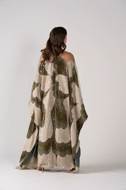 Sharon Said Luxuriöses Grünes Übergroßes Kaftan-Abendkleid mit Weiten Ärmeln, Blumenmuster und Perlen, Grünes Formelles Partykleid SS669 Maßanfertigung – Detail 6