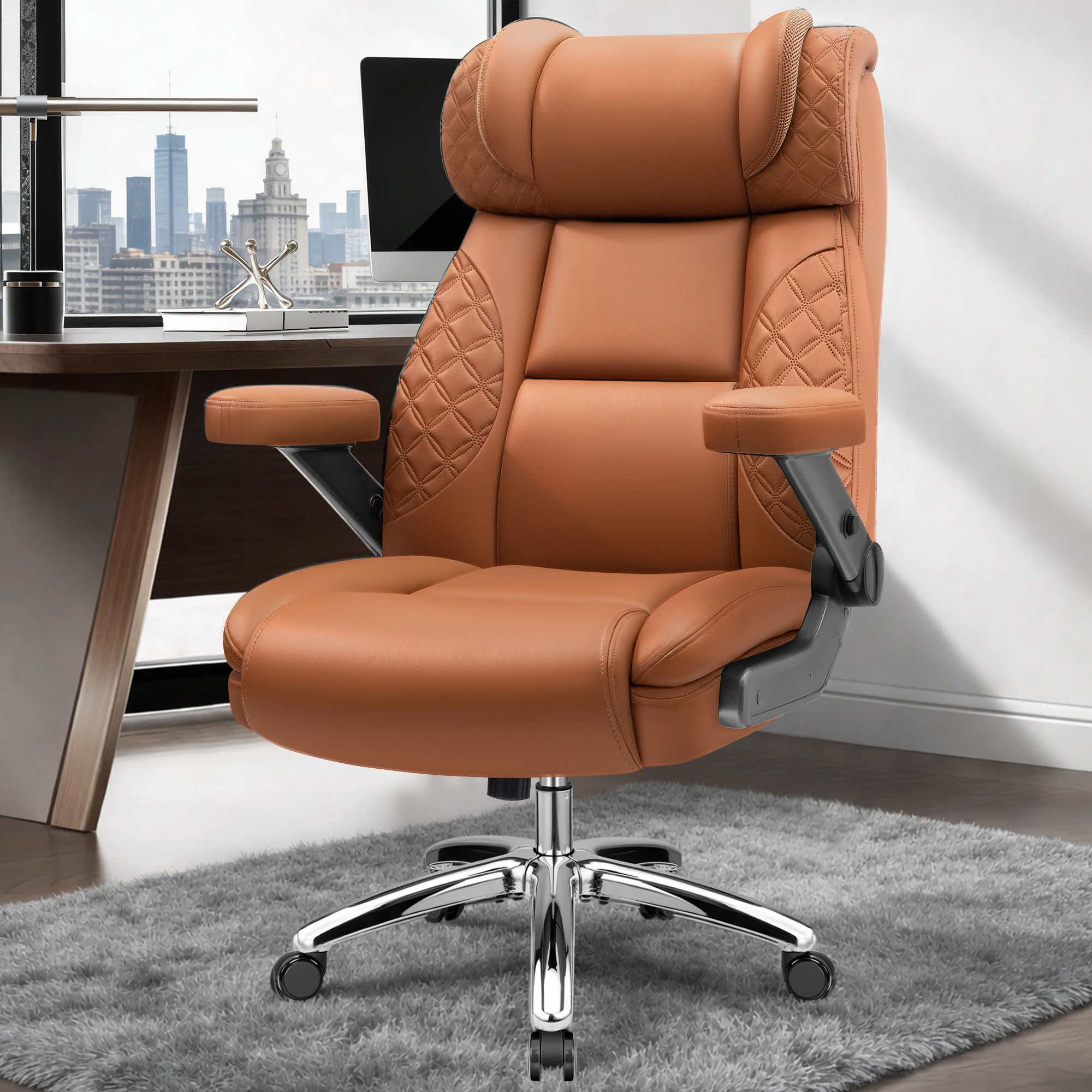 KERDOM PU Leather Big and Tall Office Chair, Executive Office Chair with Adjustable Flip-up Armrest and 360°Swivel Free, Computer Chair with Ergonomic Back Support, Strong Metal Base, Brown