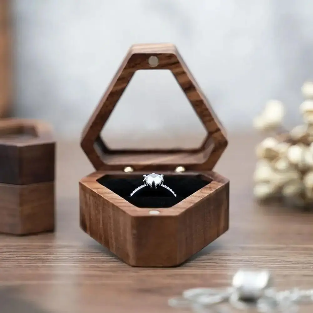 Elegant Wooden Wedding Ring Box Single Slot Velvet Finish Jewelry Storage Box Triangle Shape Jewelry Box Jewelry Storage