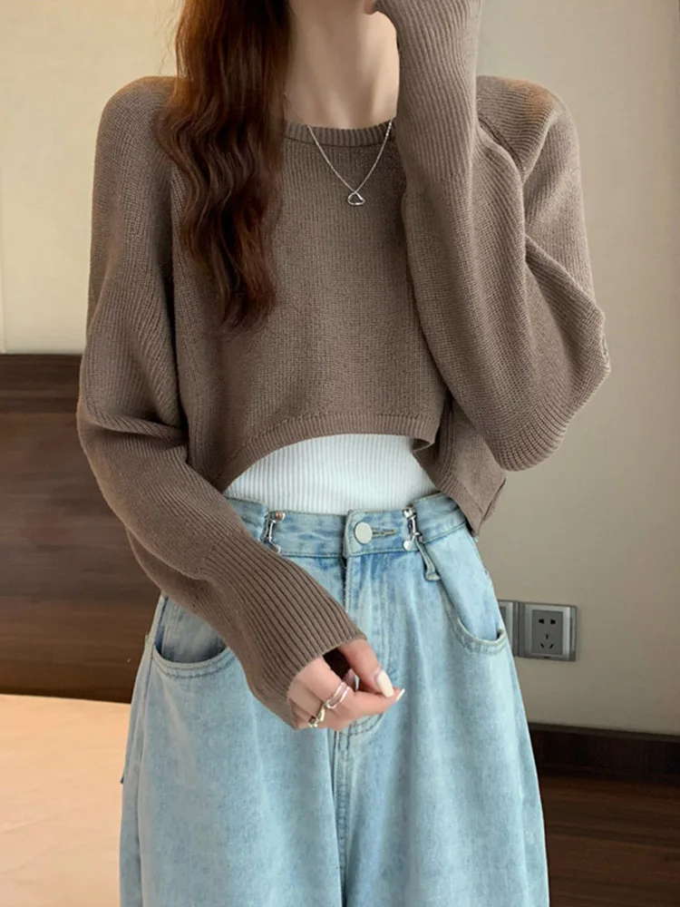 New Autumn Women Solid Sweater O-Neck Loose Sweater Pullover Crop Top Sweaters Shirts Femme Knit Outwear Jumpers