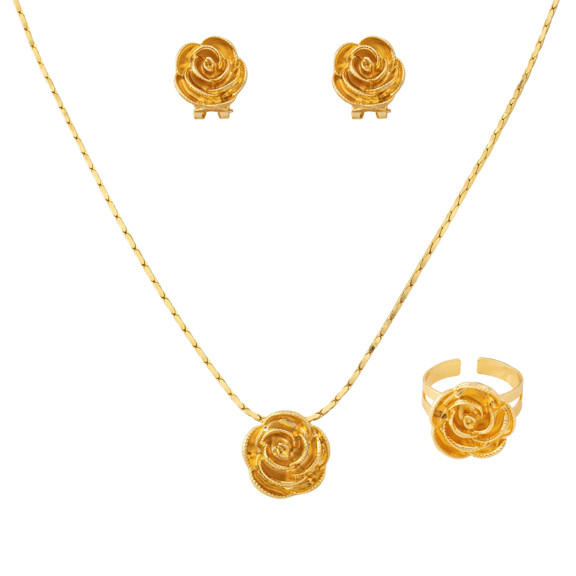 YM Jewelry 3-teiliges Schmuckset mit goldenen Rosenblüten, bestehend aus Halskette, Ohrringen und Ring, eleganter Schmuck für Damen, geeignet für formelle und alltägliche Anlässe, Geschenkidee. – Detail 3