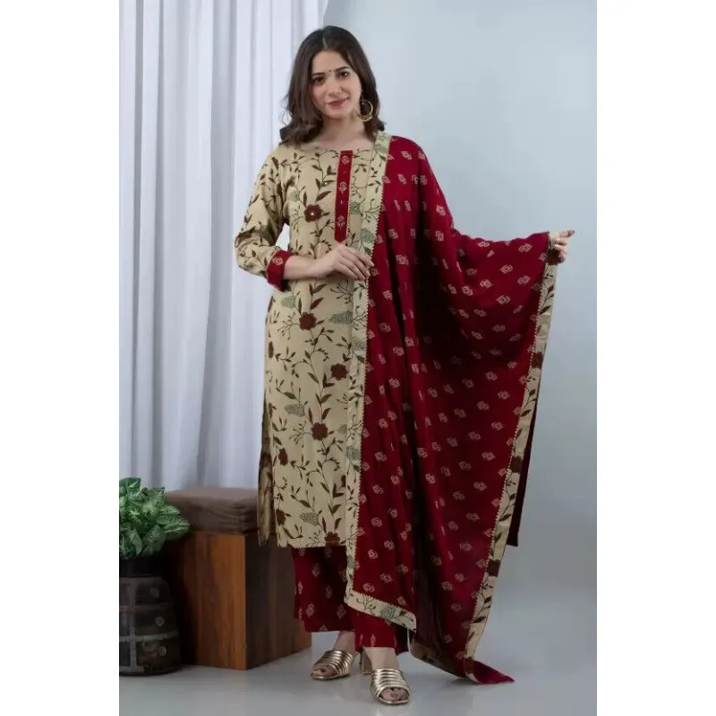 

Rayon Kurti Set Indian Women 3/4 Sleeves Salwar Kameez Suit Party Wear Maroon & Beige