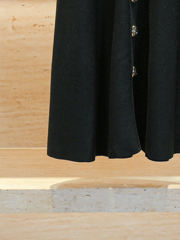 High-End Zomer Hepburn Sle Bla Gebreide Dr Dames Slim Fit Strapl Dr Vintage Knop Hoge Taille A-lijn Rok