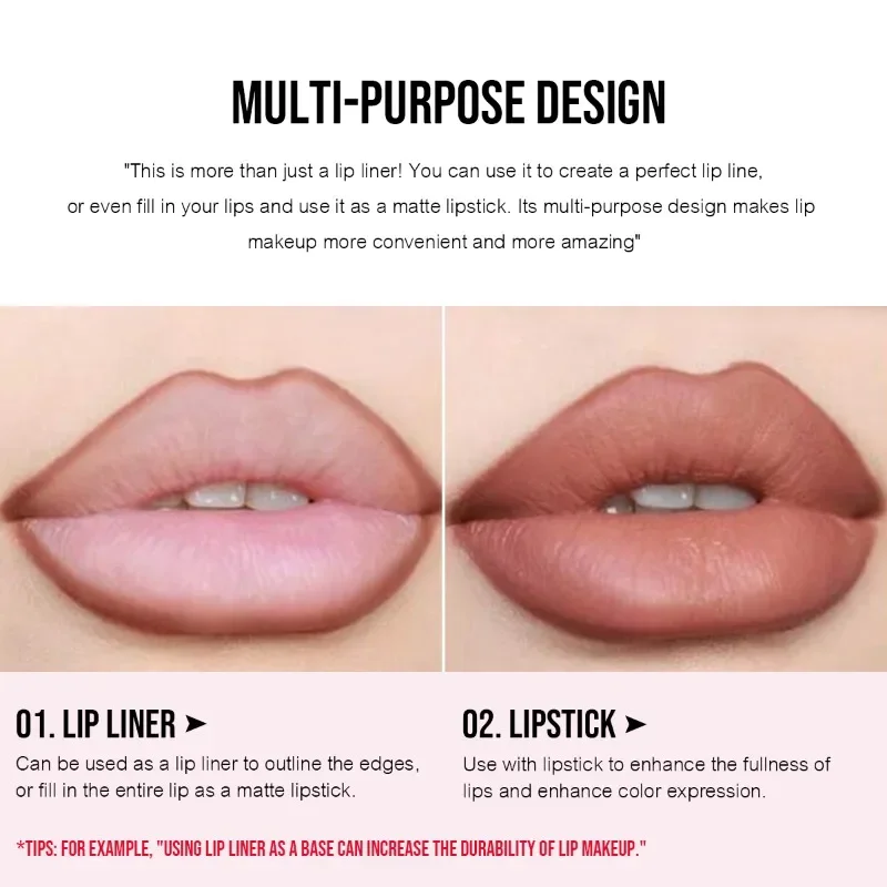 Matita per labbra eyeliner vellutata a doppio scopo Impermeabile resistente al sudore Facile da scivolare Matita per trucco nudo Strumento per trucco di lunga durata