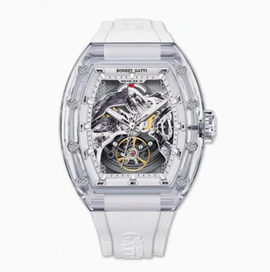 BONEST GATTI Men Automatic Watch 45mm Tonneau Crystal Case Mechanical ​3D Mount Everest Luminous Dial Fluororubber Strap