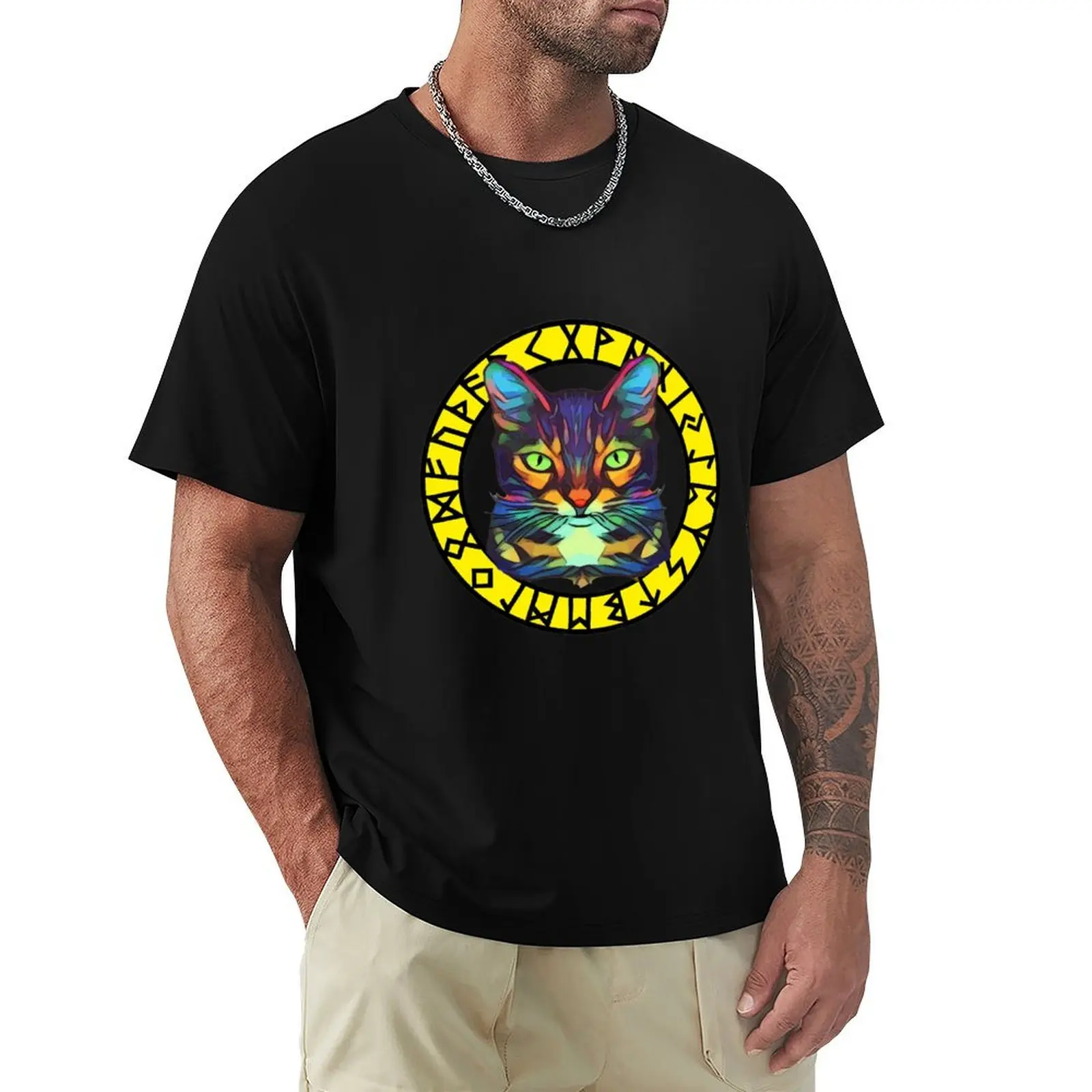 Colorful cat in a ring of Nordic runes T-Shirt essential t shirt man t shirt oversized t shirt funnys shirts for men pack