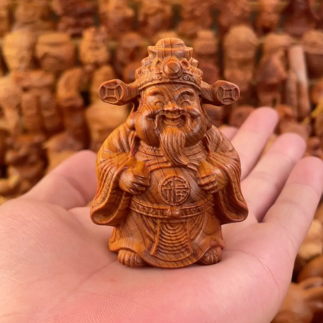 

Natural Cliff Cypress Wood Carving God of Wealth Statue Handle piece Cute Home Desktop Auspicious Ornament