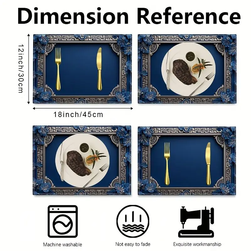 VIKAMA Placemat Blue Gold Border Print Dining Table Mat Set for Kitchen Home Decor Elegant Washable Place Mats